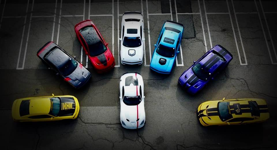 Overhead view of Northeast Mopar cars arranged together